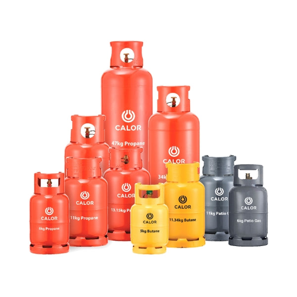 A group of CALOR brand LPG gas cylinders in various sizes and colors, including red, yellow, and dark gray, arranged on a plain white background.